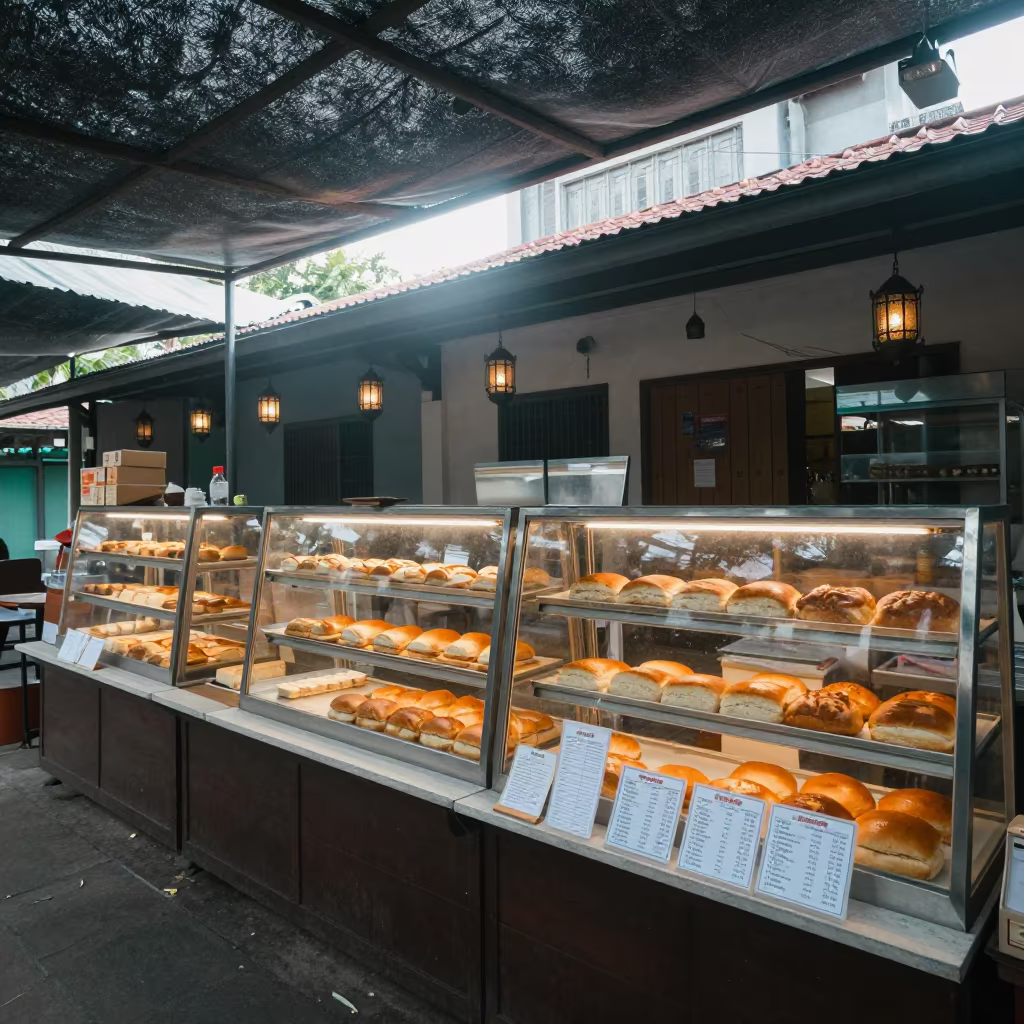 Ceremonial Bread Stall Under Glass in Jakarta Shrine in in a shrine lined with lanterns in Sudirman, Jakarta