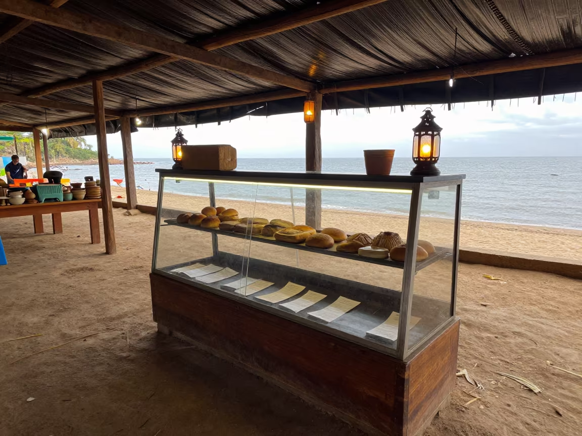 Ceremonial Bread Stall Under Glass in Salvador Shrine in in a shrine lined with lanterns in Salvador