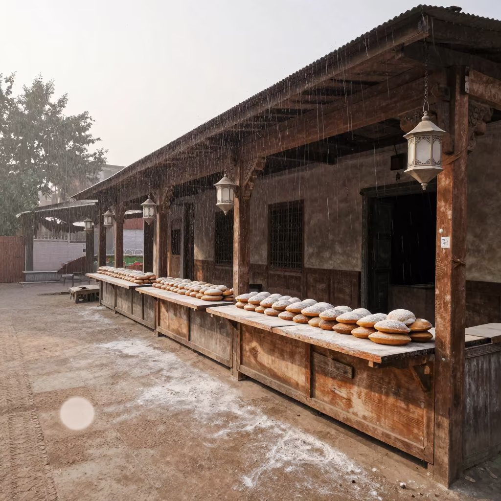 Ceremonial Bread Stall Mirpur Khas Upward Rain in in a shrine lined with lanterns in Mirpur Khas