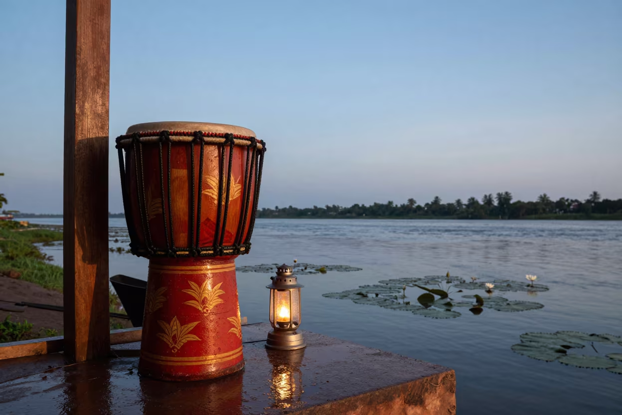 Ceremonial Drum and River Flowers in Douala in at a waterfront celebration in Douala