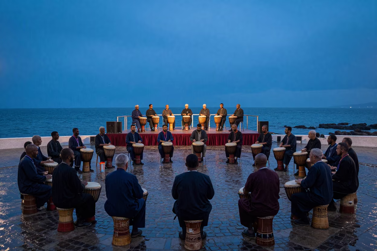 Ceremonial Drummers Warm Up Behind Tangier Stage in at a waterfront celebration in Tangier