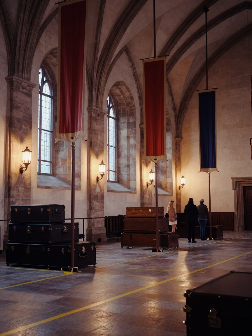 Ceremonial Hall With Banner Poles At Dawn in in a shrine lined with lanterns near Nuremberg