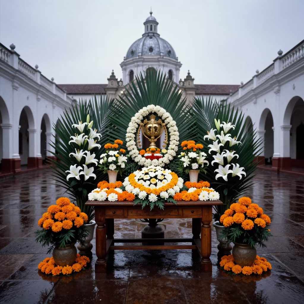 Ceremonial Hall Floral Setup at Nautical Dawn in in a temple courtyard near San Isidro, Lima