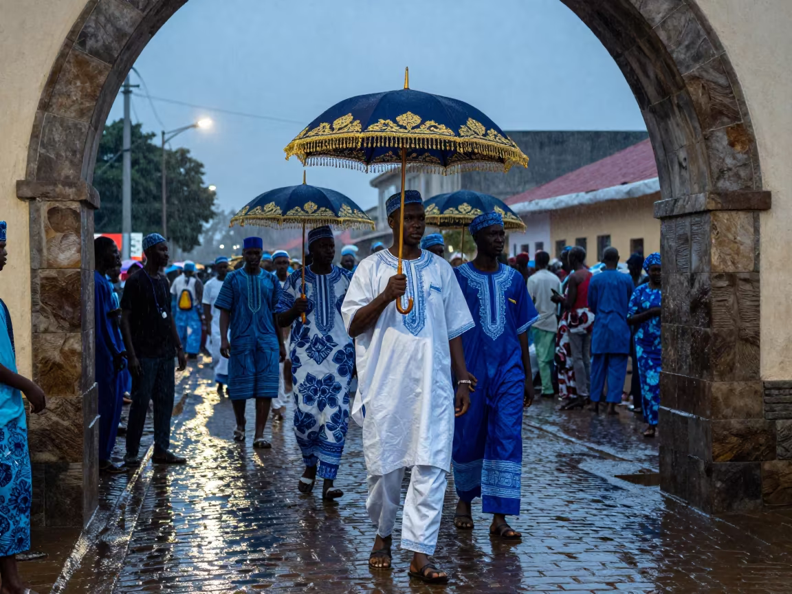 Ceremonial Parasol at Conakry New Year Dusk in at a festival street procession in Conakry