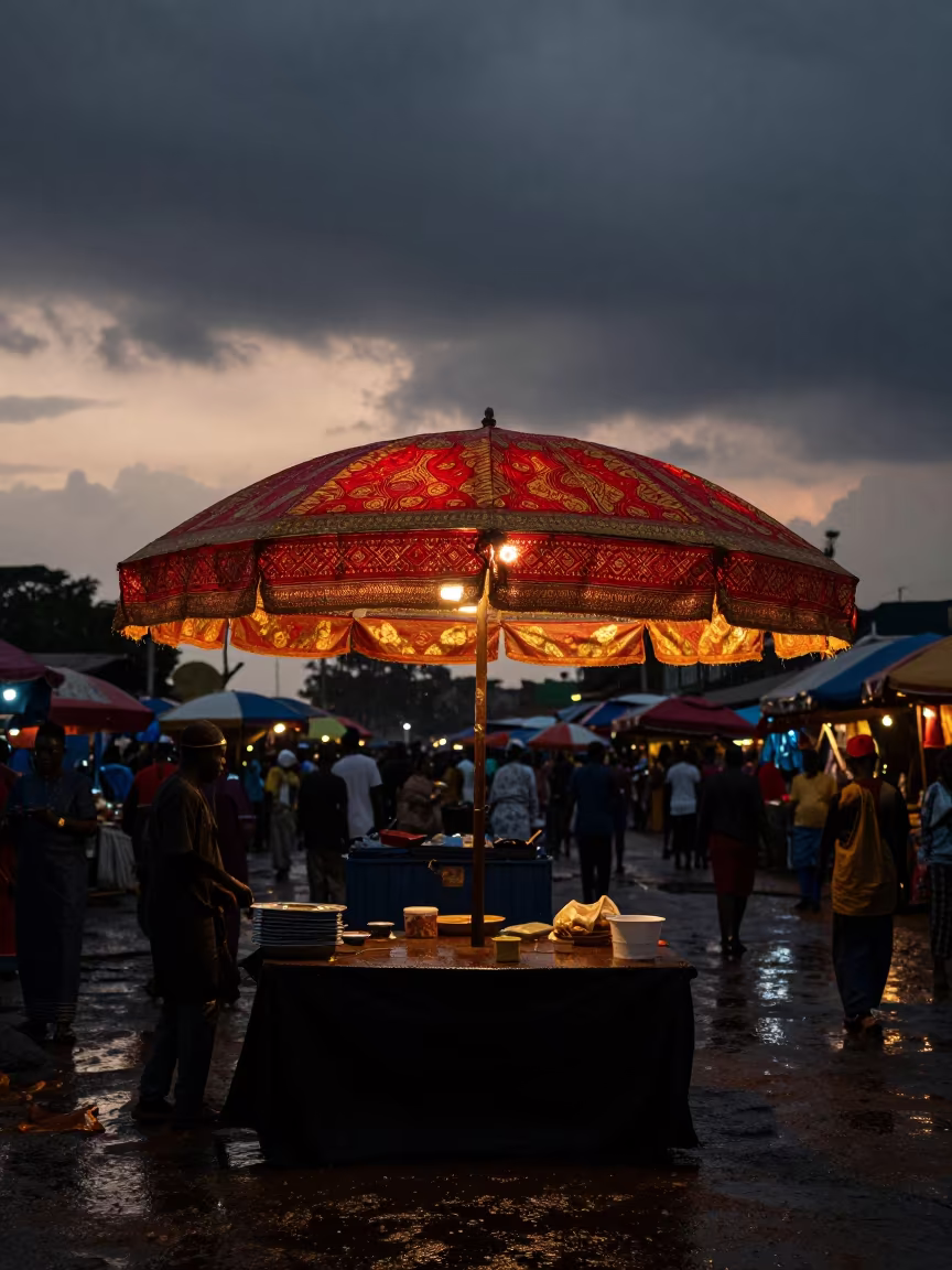 Ceremonial Parasol at Ogbomosho Market Twilight in at a night market in Ogbomosho