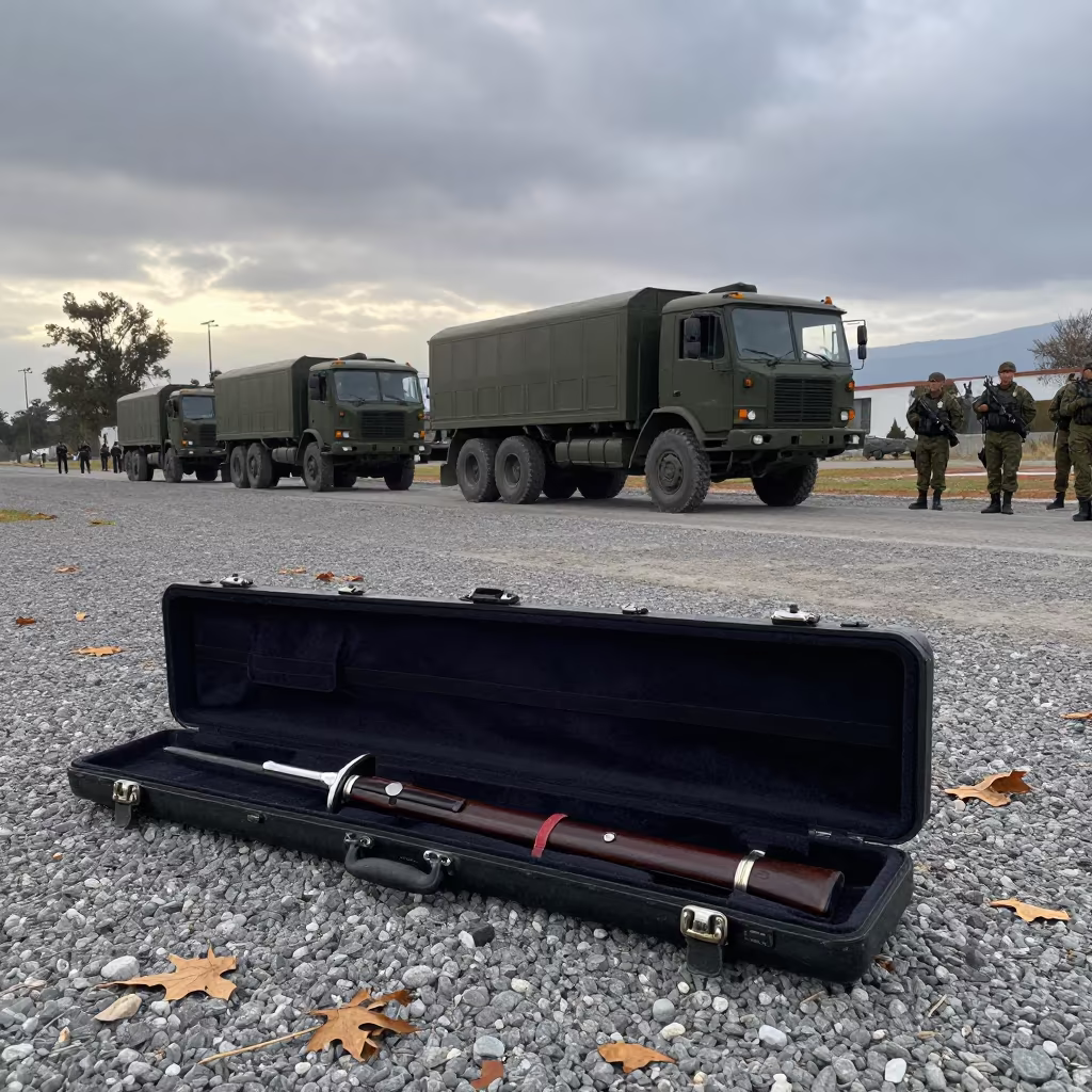 Ceremonial Saber Case at Dawn in Santiago in beside a convoy halt on open ground in Concha y Toro, Santiago