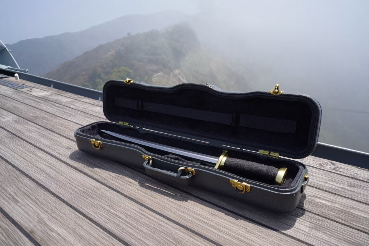 Ceremonial Saber Case on Windy Deck in on a naval deck in rough wind in Andorra