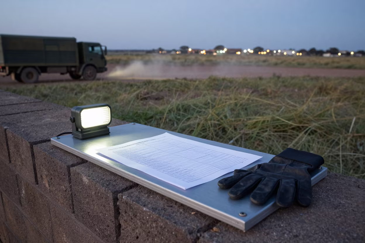 Ceremony Glove Stretcher Board Under Utility Light in beside a convoy halt on open ground in Namibia