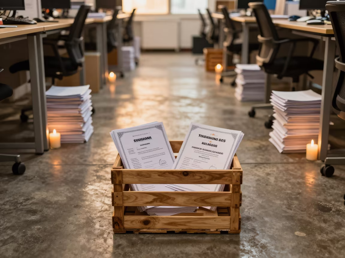 Certificate Crate Amidst Office Tickets at Golden Hour in inside a coworking floor in Surat