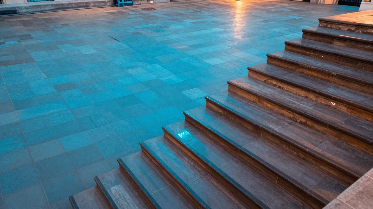 Cerulean to Sienna Stair Hall Twilight in inside a tiled stair hall in Cambridge