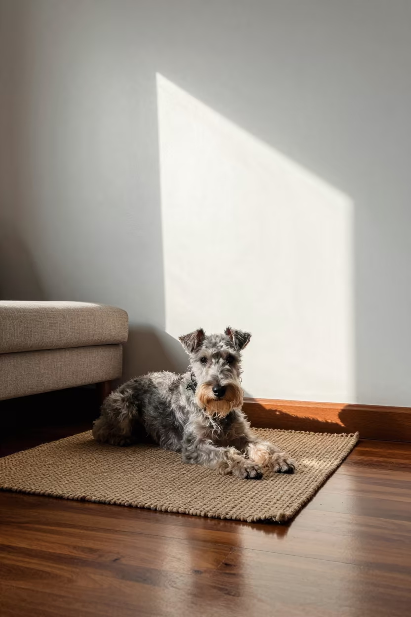 Cesky Terrier on Rug in Bangkok Chinatown Home in on a woven rug beside a low couch and an uncluttered wall in Chinatown, Bangkok