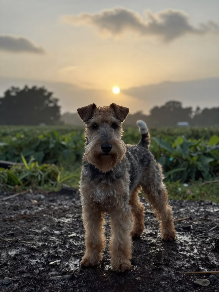 Cesky Terrier Portrait at Garden Edge Morning Light in near a garden edge with soft morning light and an uncluttered background in Yaounde