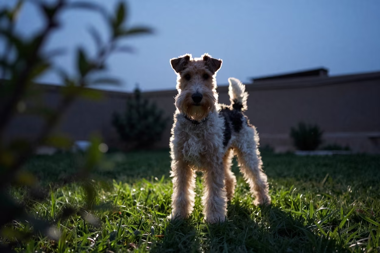 Cesky Terrier Portrait Backlit Baghdad Blue Hour in in a small yard with clipped grass, calm light, and the animal centered in frame in Baghdad