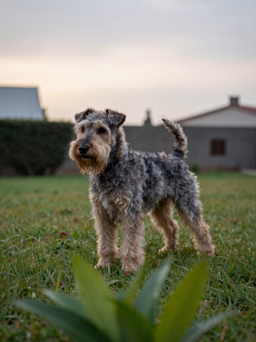 Cesky Terrier Portrait in Cajamarca Rain in in a small yard with clipped grass, calm light, and the animal centered in frame near Cajamarca