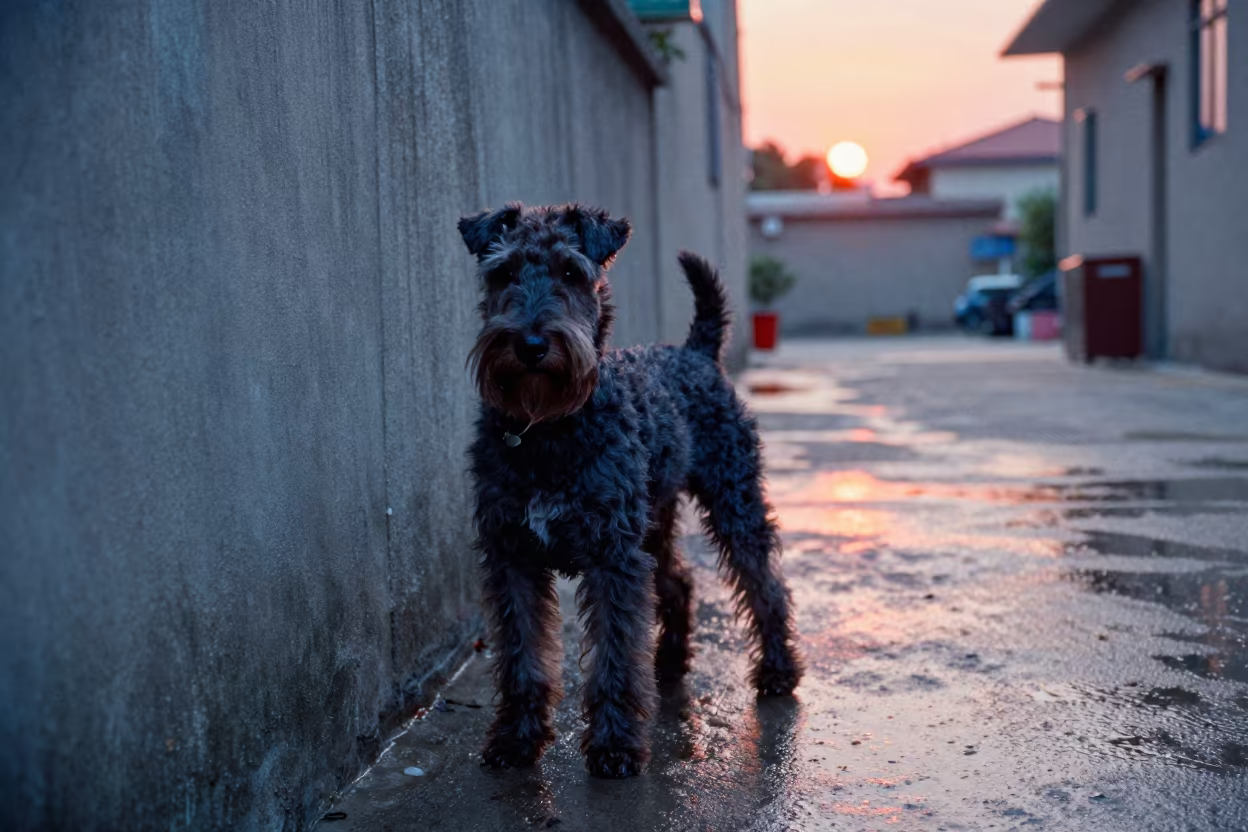 Cesky Terrier Portrait in Xiamen Courtyard Light in beside a plain courtyard wall in clear daylight with the animal at eye level near Xiamen
