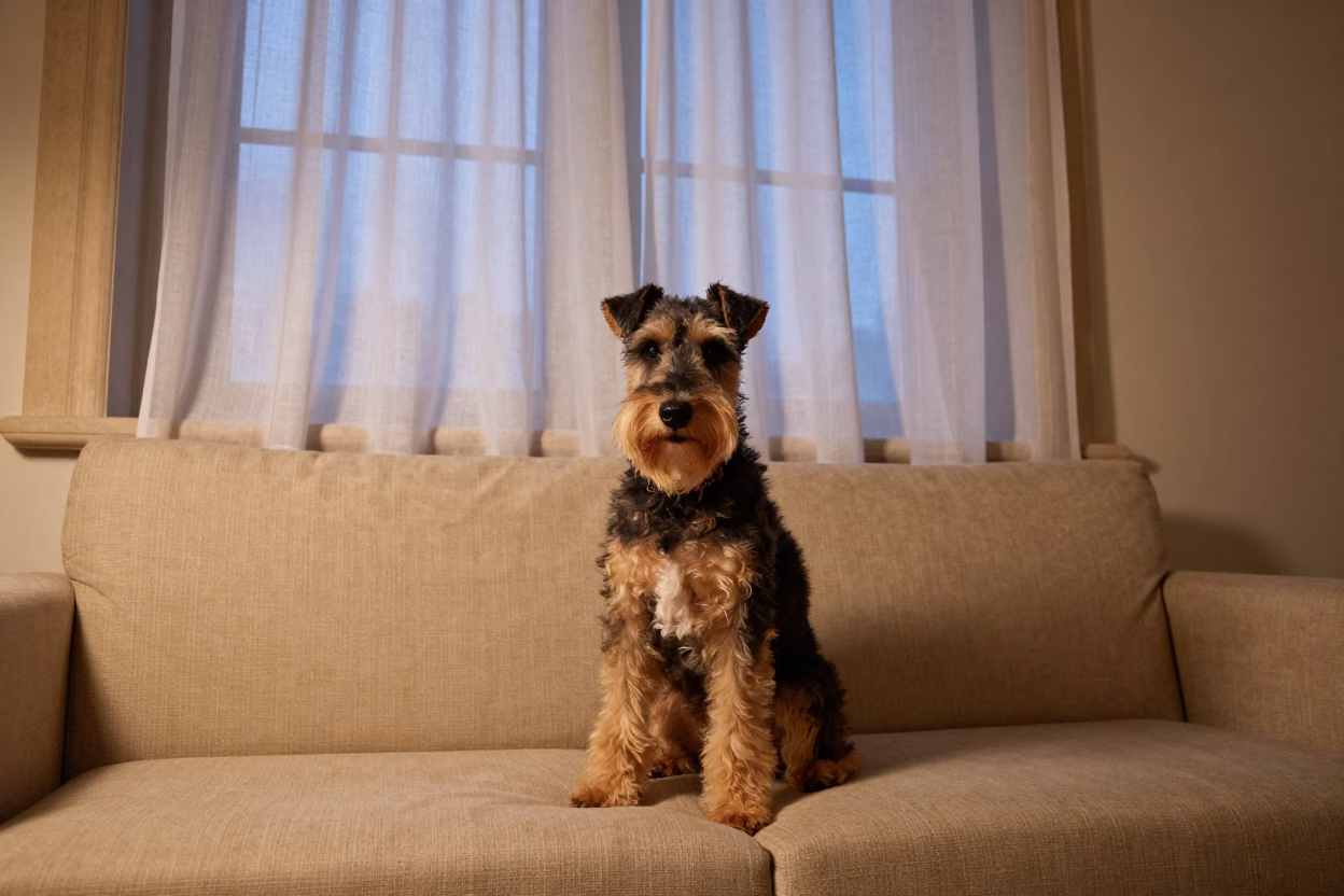 Cesky Terrier Portrait on Sofa Near Rome Window in on a sofa near a curtained window with calm indoor light in Rome