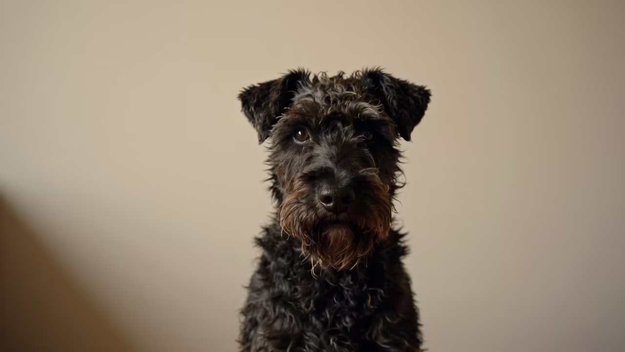 Cesky Terrier Portrait Soft Light Caguas in beside a plain plaster wall in soft indoor light with the animal centered in frame in Caguas