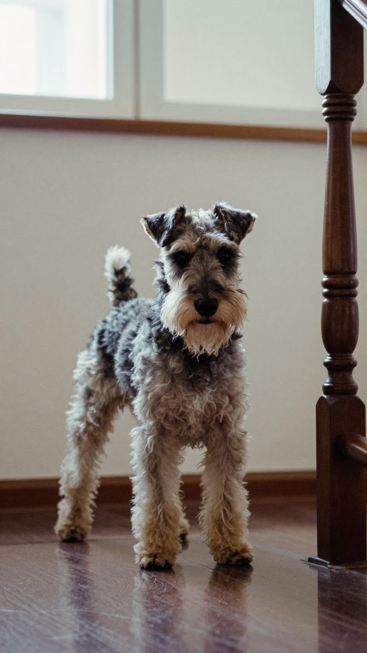 Cesky Terrier Portrait Soft Light Indoor in beside a plain plaster wall in soft indoor light with the animal centered in frame near San Luis Potosí