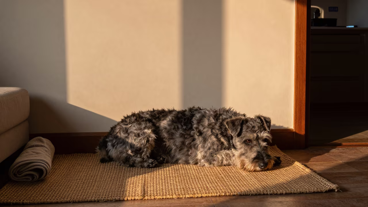 Cesky Terrier Resting on Rug in Delhi Home in on a woven rug beside a low couch and an uncluttered wall in Delhi