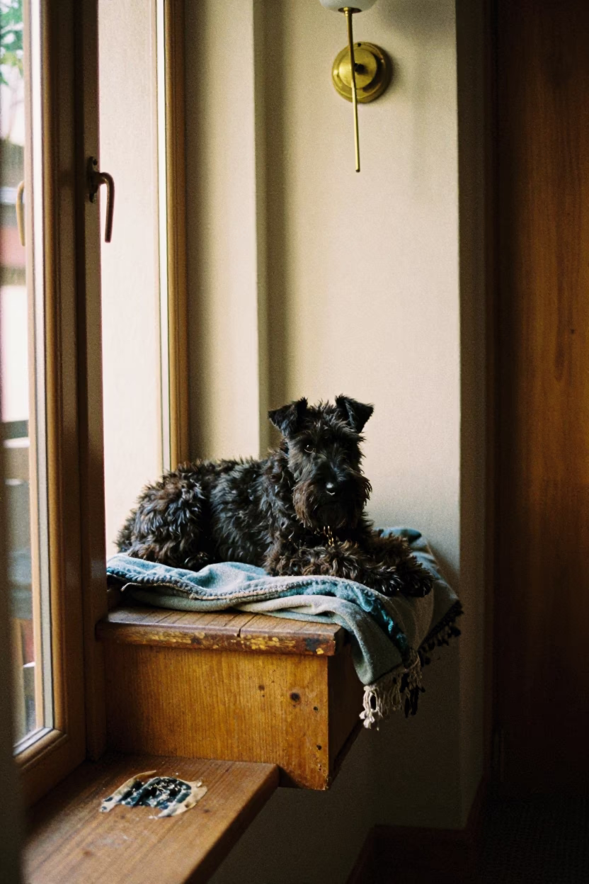 Cesky Terrier Resting on Window Seat in Manaus in on a window seat in a quiet apartment with soft side light in Manaus