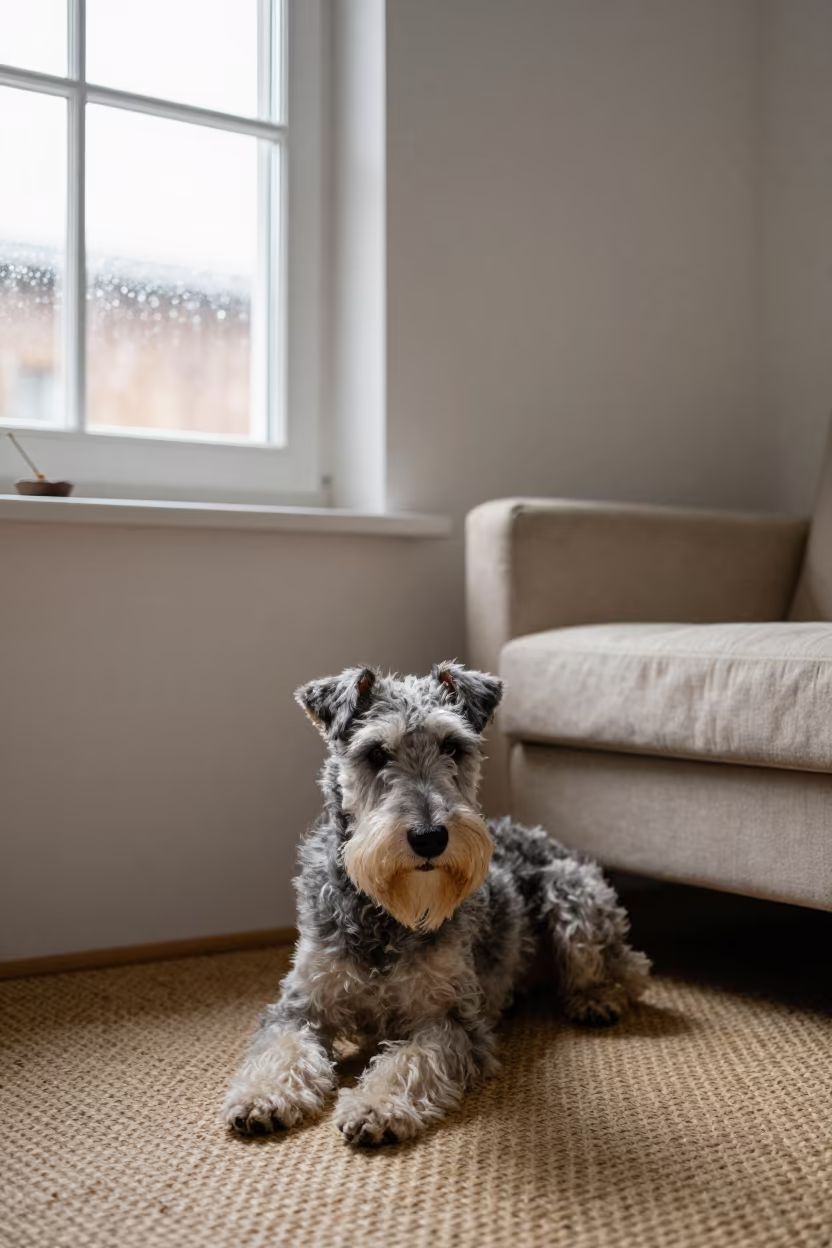 Cesky Terrier Resting on Woven Rug Near Window in on a woven rug beside a low couch and an uncluttered wall near Masvingo