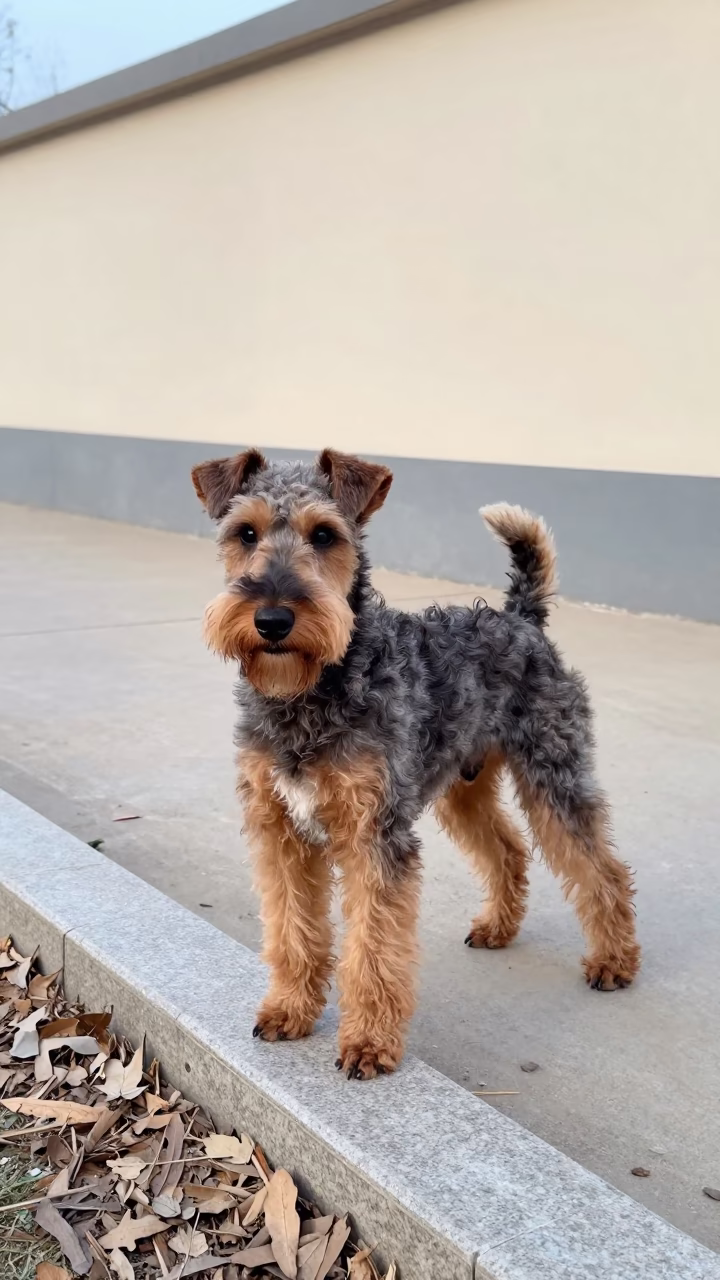 Cesky Terrier Standing Beside Courtyard Wall in beside a plain courtyard wall in clear daylight with the animal at eye level in Hohhot