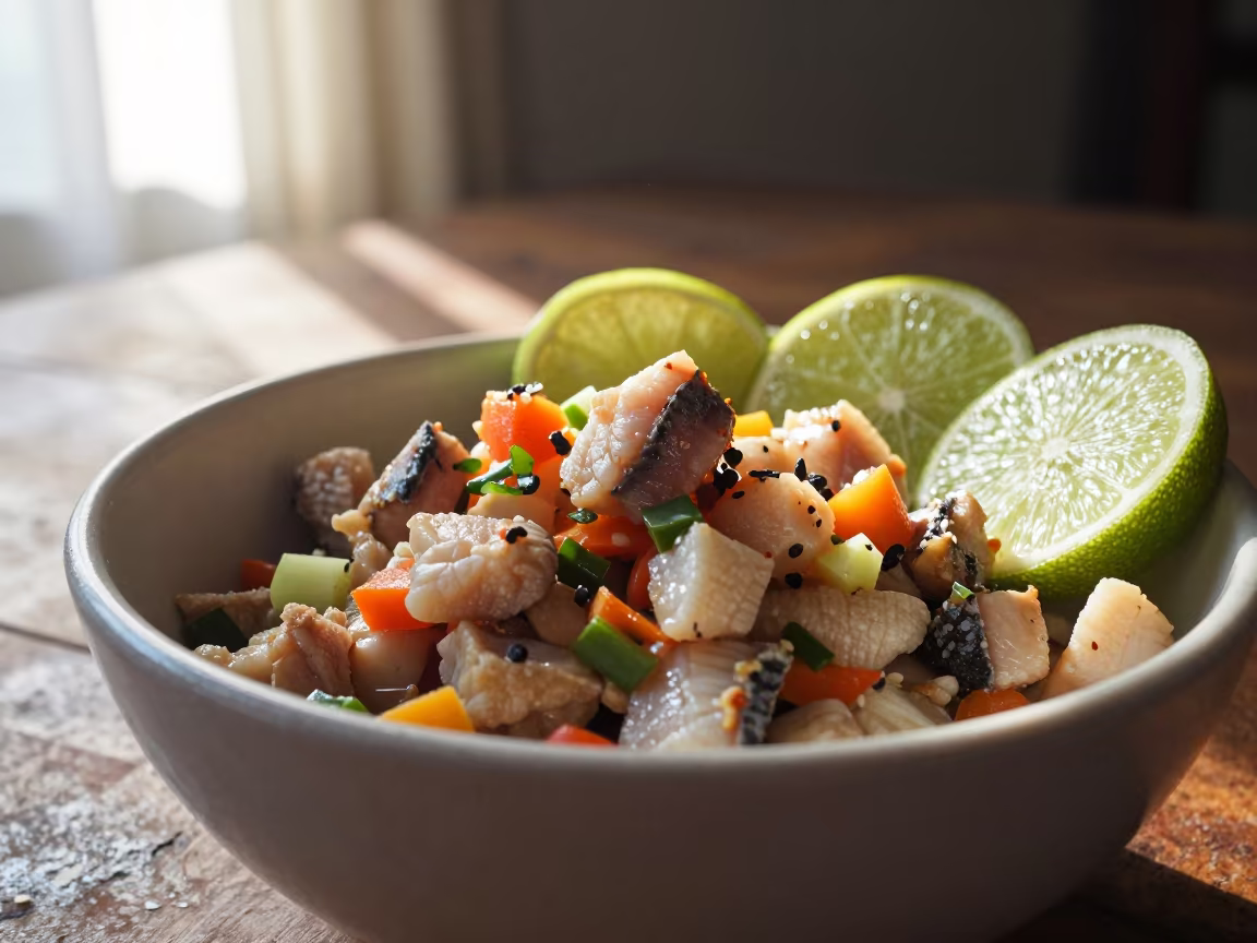 Ceviche Bowl with Lime on Wooden Table in on a rustic wooden table in Medan