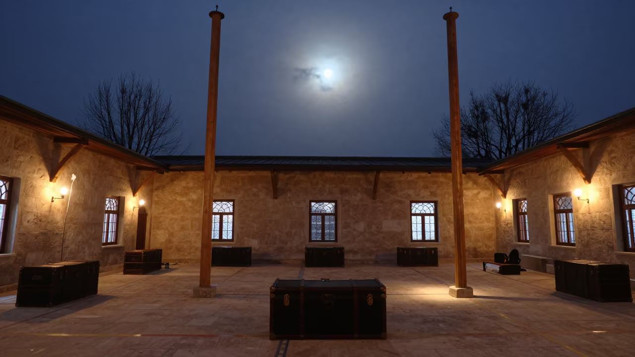 Ceyhan Prayer Hall Predawn Banner Poles in in a prayer hall in Ceyhan