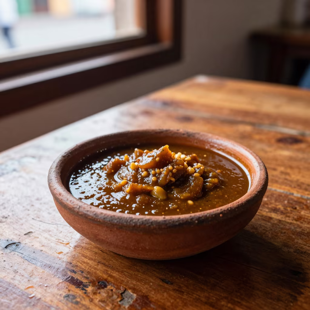 Chaat Bowl with Tamarind Chutney on Table in at a roadside diner table in Arequipa