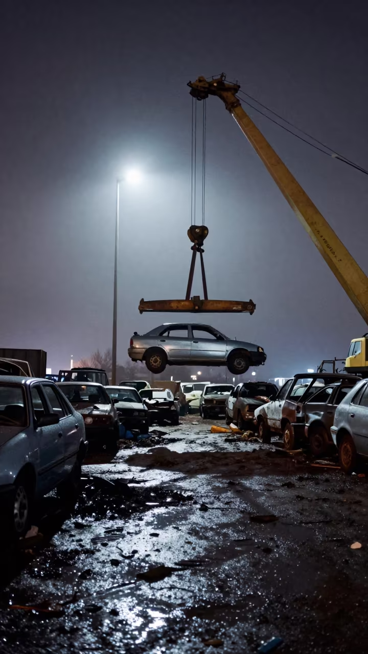 Chad Scrapyard Crane Lifts Crushed Cars Night in in Chad