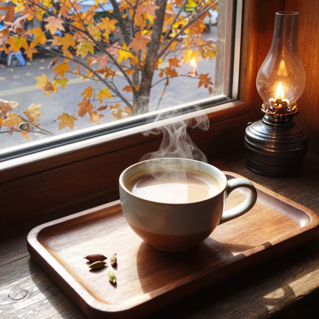 Chai with Cardamom Steam in Thunder Bay Tea House in on a tea house tray in Thunder Bay
