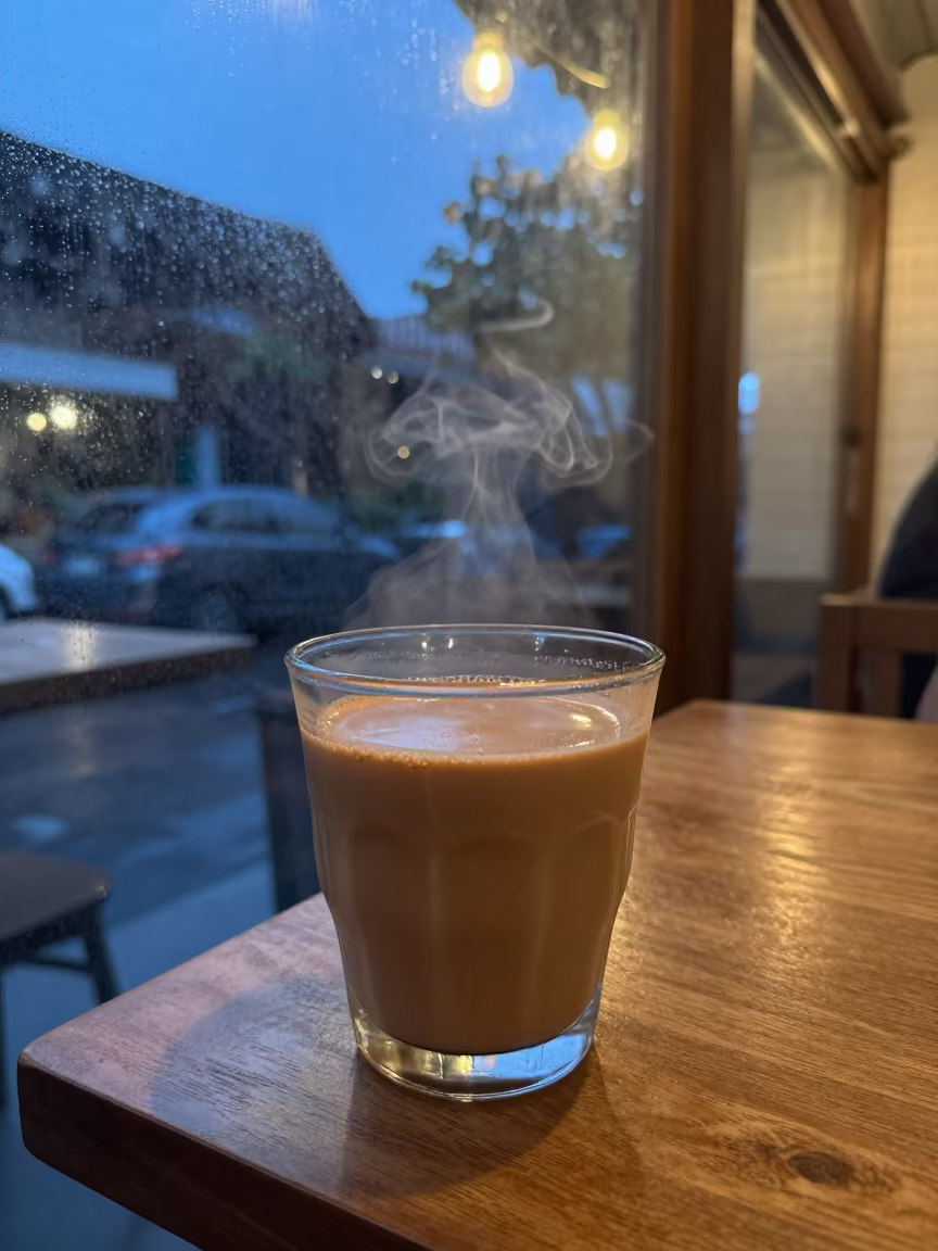 Chai Steam Rising Blue Hour Cafe Jakarta in on a small cafe table by a window in Kemang, Jakarta