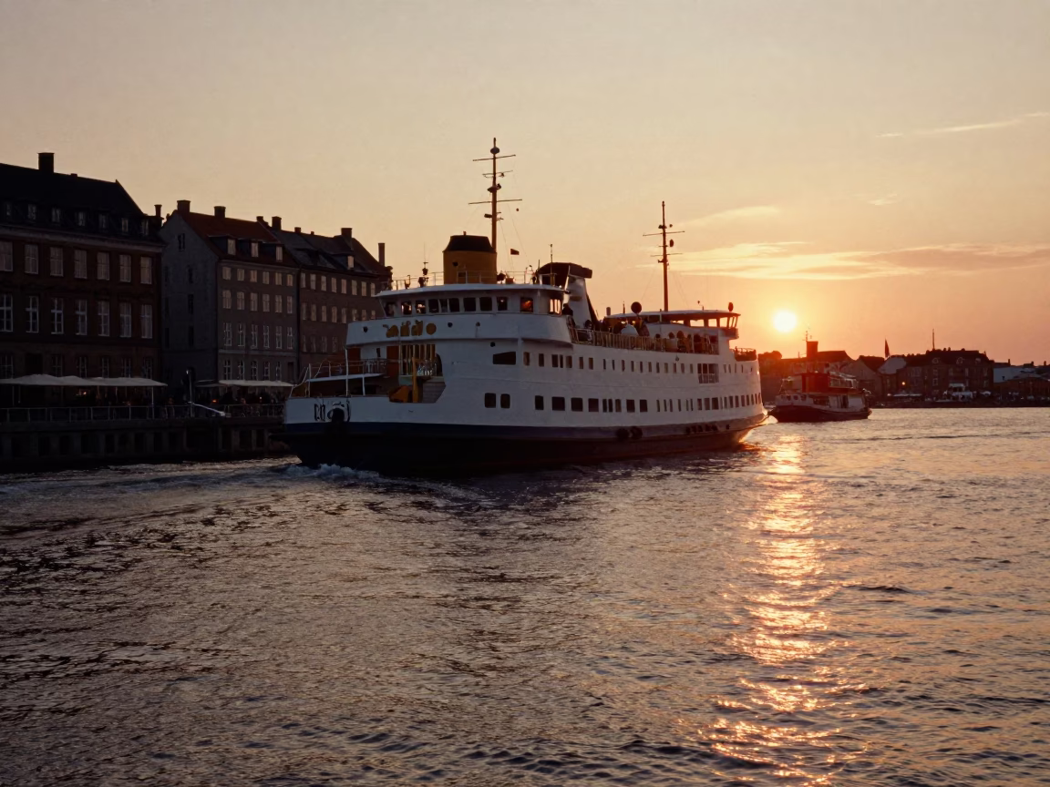 Chain Ferry Crossing Copenhagen Harbor at Sunset with Historic Architecture in in Copenhagen, Denmark