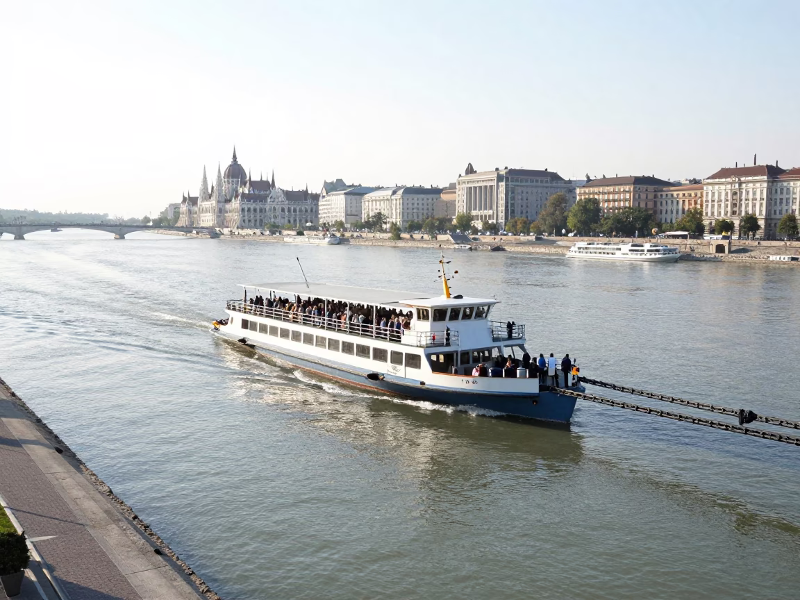Chain Ferry Crossing Danube River in Budapest Hungary Bright Midmorning Light in in Budapest, Hungary