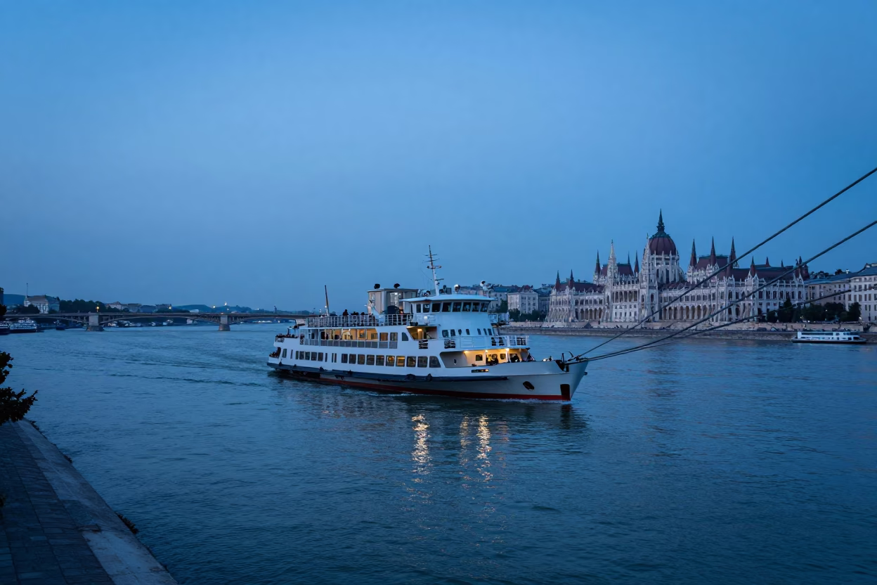Chain Ferry Crossing Danube River in Budapest Hungary During Blue Hour Evening Light in in Budapest, Hungary