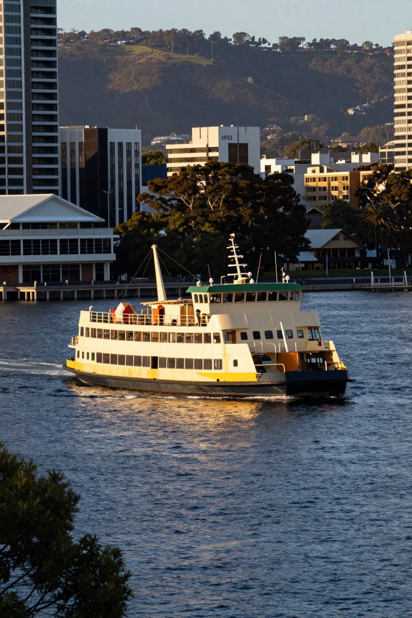 Chain Ferry Crossing Derwent River Hobart Tasmania Late Afternoon with Waterfront Buildings in in Hobart, Tasmania, Australia