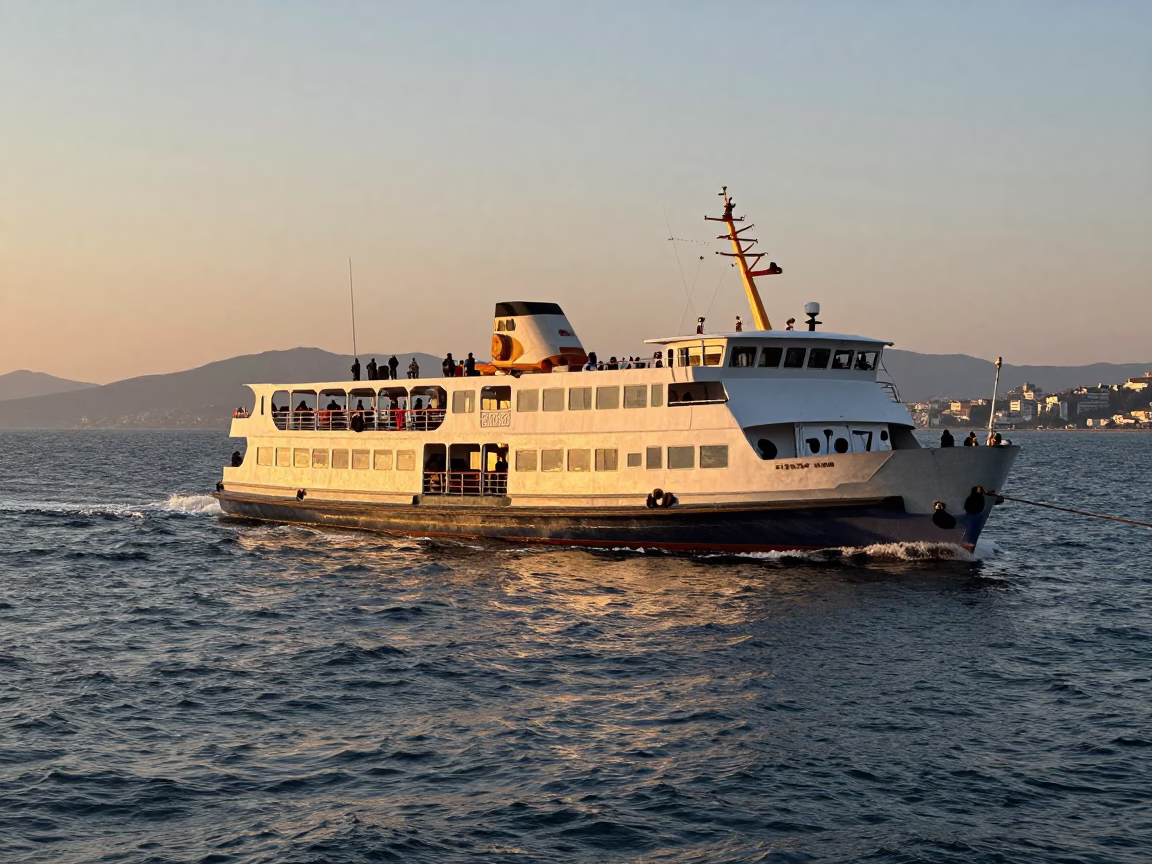 Chain Ferry Crossing Karsiyaka Bay in Izmir Turkey During Honeyed Evening Light in in Izmir, Turkey