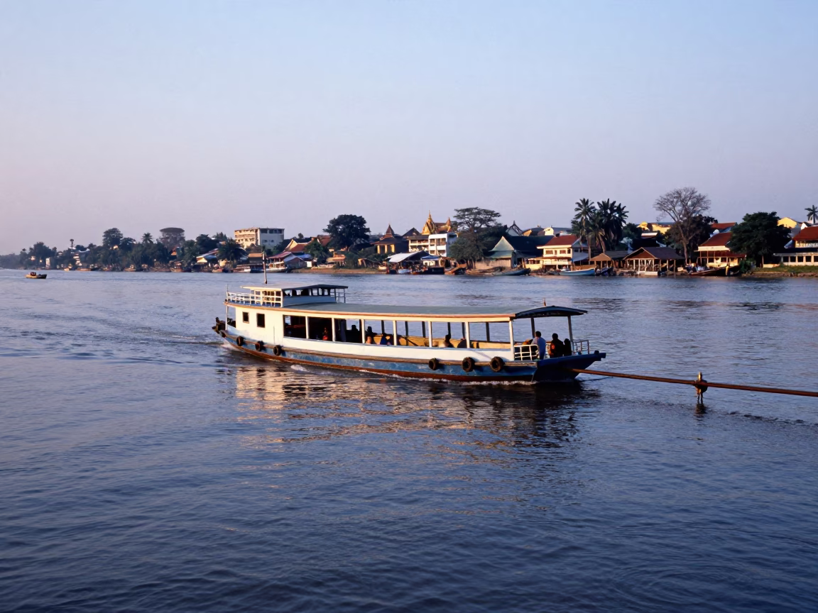 Chain Ferry Crossing Mekong River at Nautical Dawn in Phnom Penh Cambodia in in Phnom Penh, Cambodia