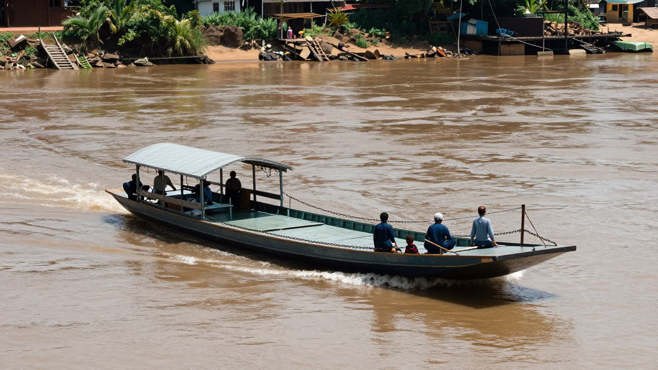 Chain Ferry Crossing Mekong River in Luang Prabang Laos Midday Sunlight in in Luang Prabang, Laos