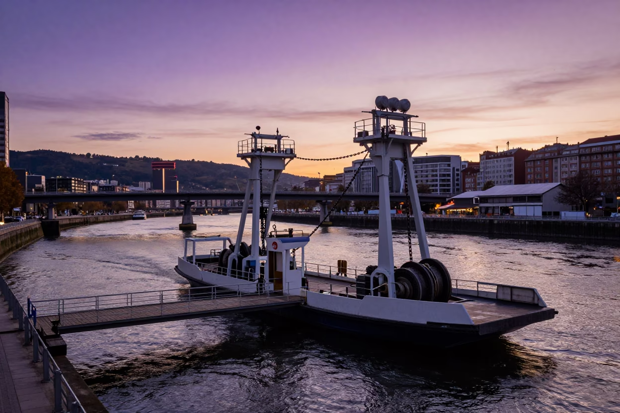 Chain Ferry Crossing Nervion River at Sunset in Bilbao Spain in in Bilbao, Spain