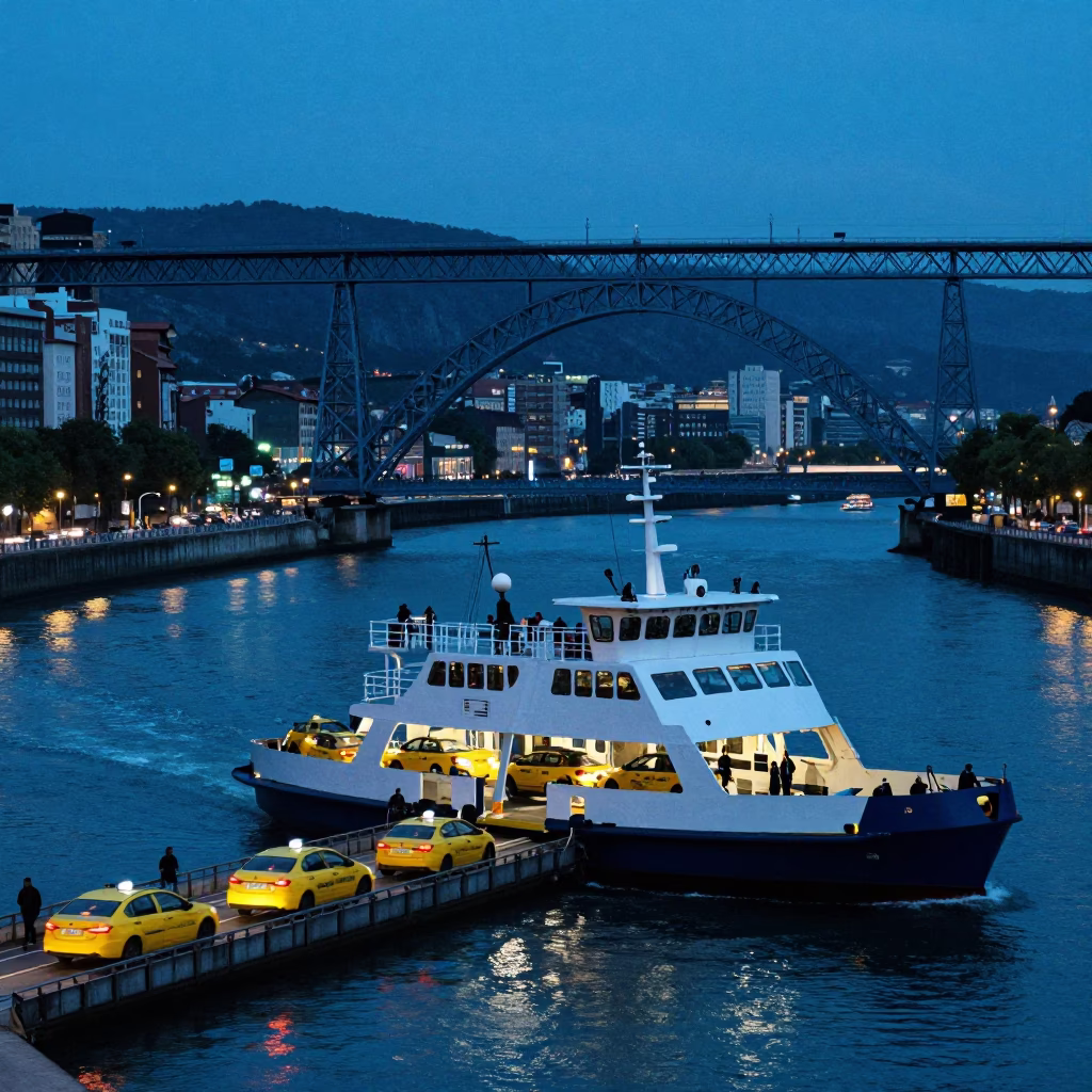 Chain Ferry Crossing Nervion River in Bilbao Evening Blue Light in in Bilbao, Spain