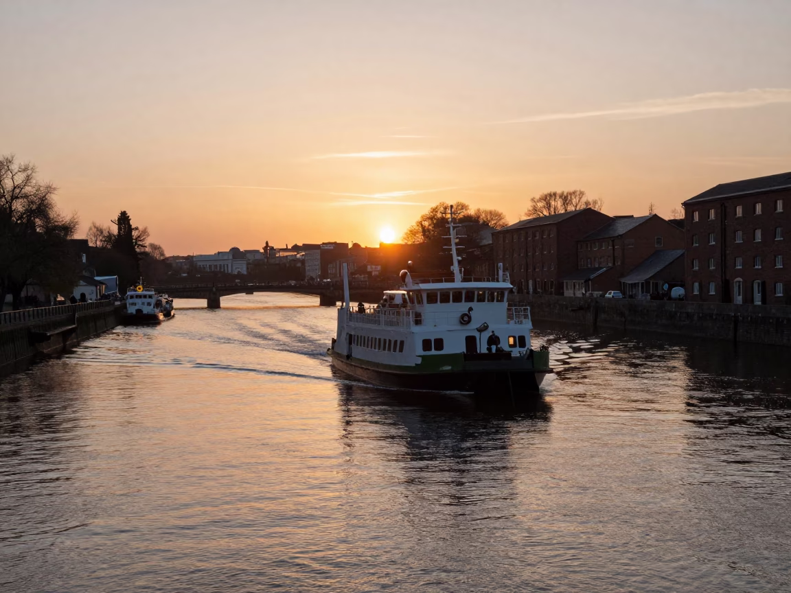 Chain Ferry Crossing River Avon in Bristol at Sunset with Urban Architecture in in Bristol, United Kingdom