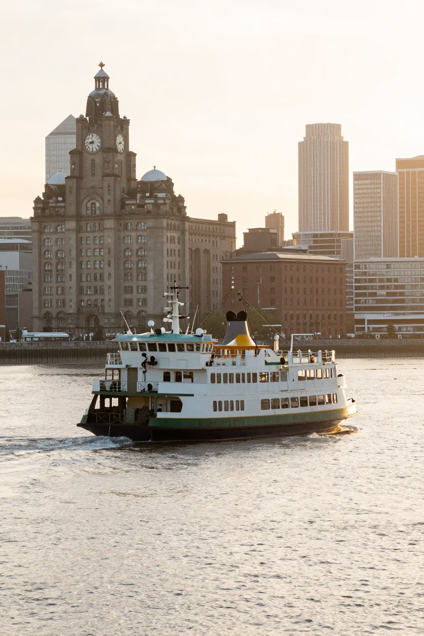 Chain Ferry Crossing River Mersey at Sunrise in Liverpool United Kingdom in in Liverpool, United Kingdom