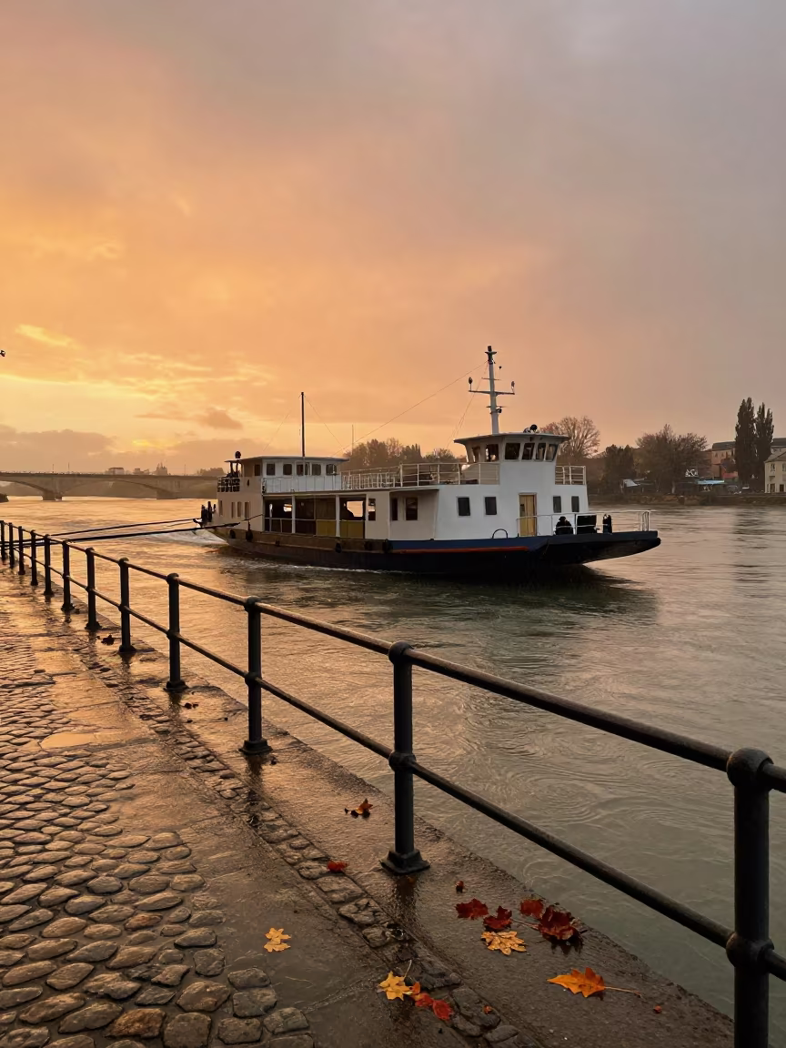 Chain Ferry Crossing River at Sunset Rain in along a switchback approach near Avignon