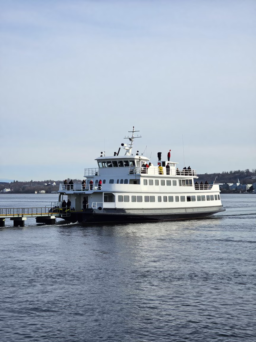 Chain Ferry Crossing St Lawrence River in Bright Midmorning Light Quebec City in in Quebec City, Quebec, Canada