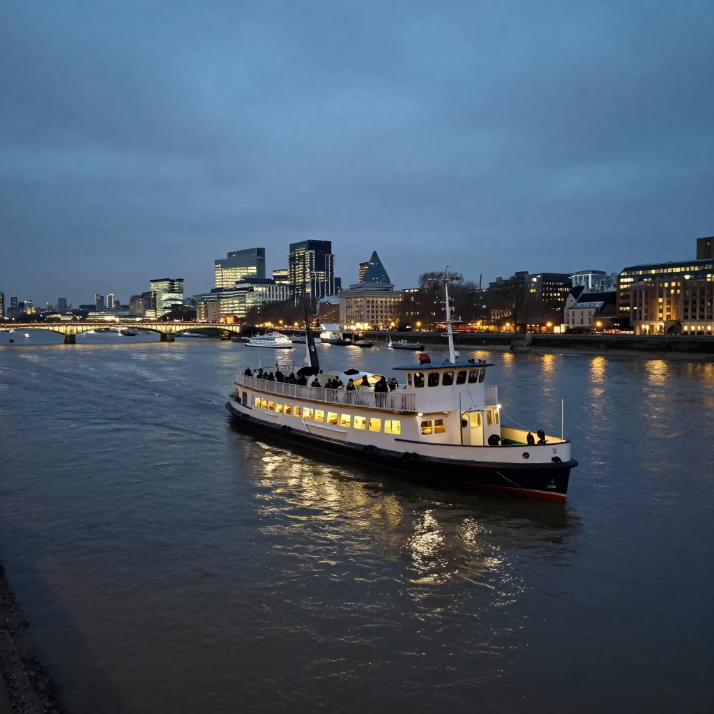 Chain Ferry Crossing Thames at Dusk with Vintage Cars in London United Kingdom in in London, United Kingdom