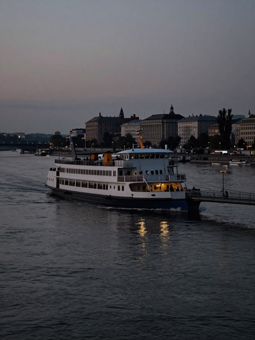 Chain Ferry Crossing the Danube at Predawn in Budapest Hungary in in Budapest, Hungary