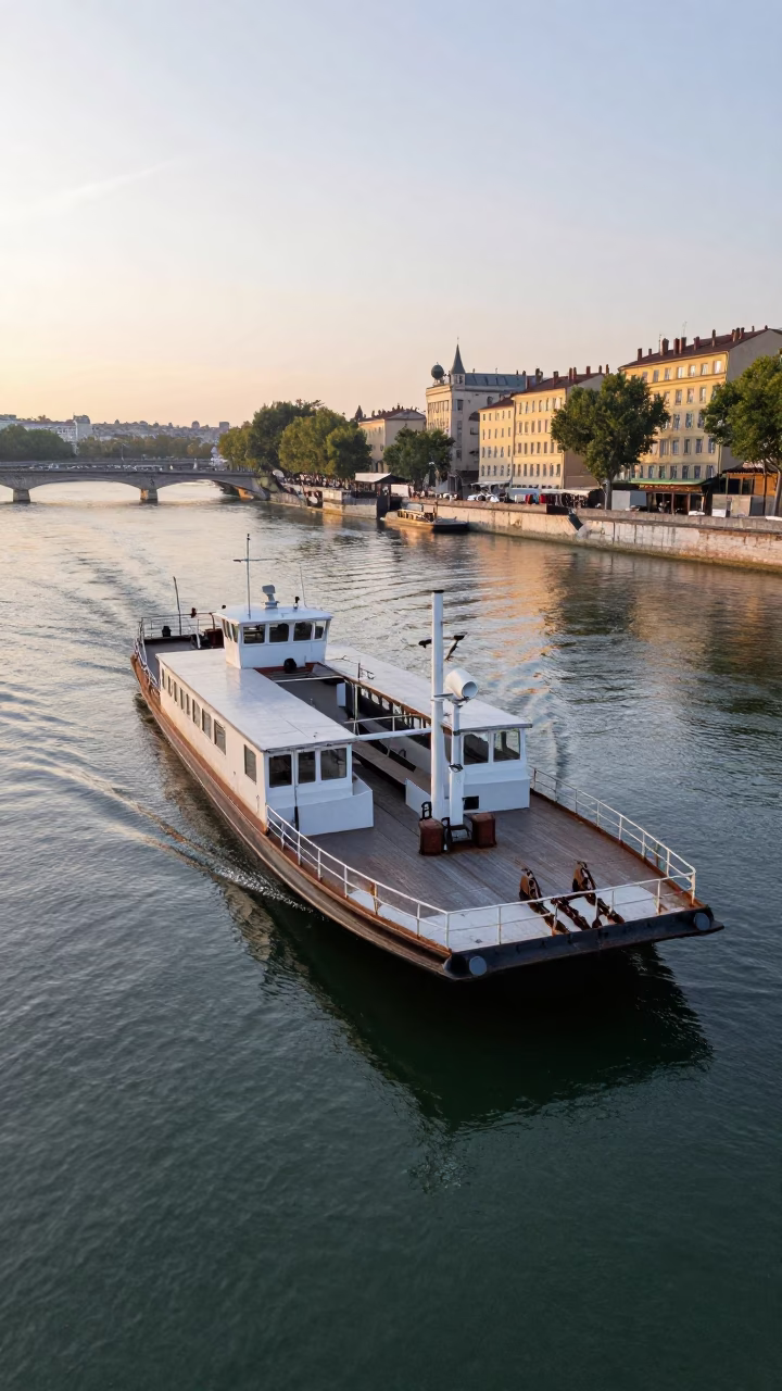 Chain Ferry Crossing the Saône River in Lyon France at Sunrise in in Lyon, France