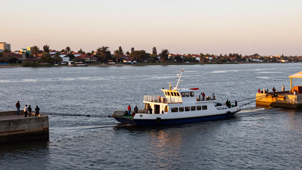 Chain Ferry Crossing Umgeni River in Durban Early Evening Light with Local Passengers in in Durban, South Africa