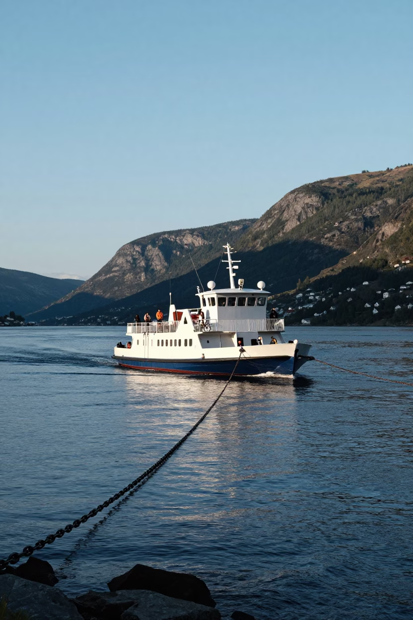 Chain Ferry Crossing Vossagapet River in Bergen Norway Late Afternoon Light in in Bergen, Norway